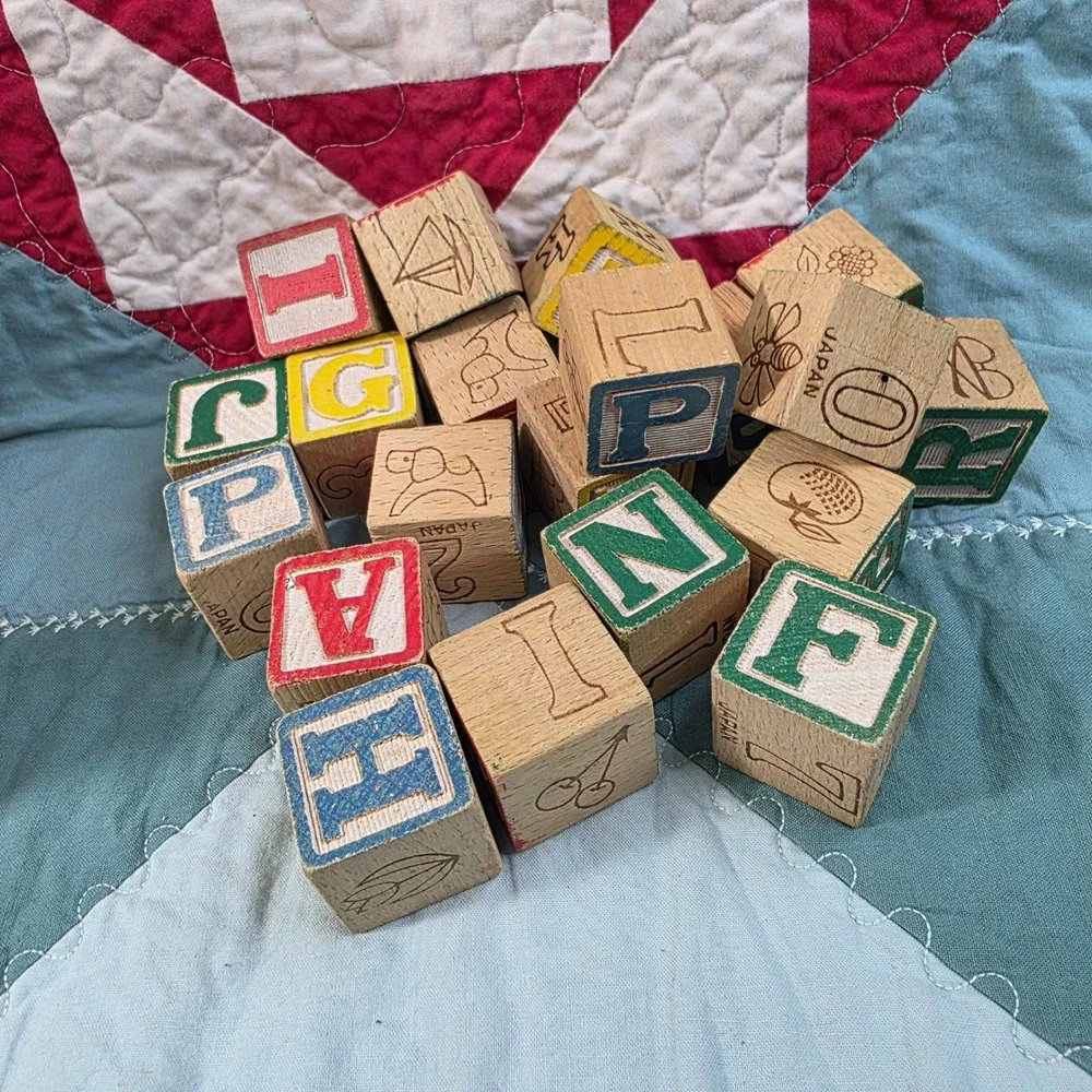 Vintage Wooden Alphabet Blocks Set 20 Pieces Made in Japan ABC Numbers Animals